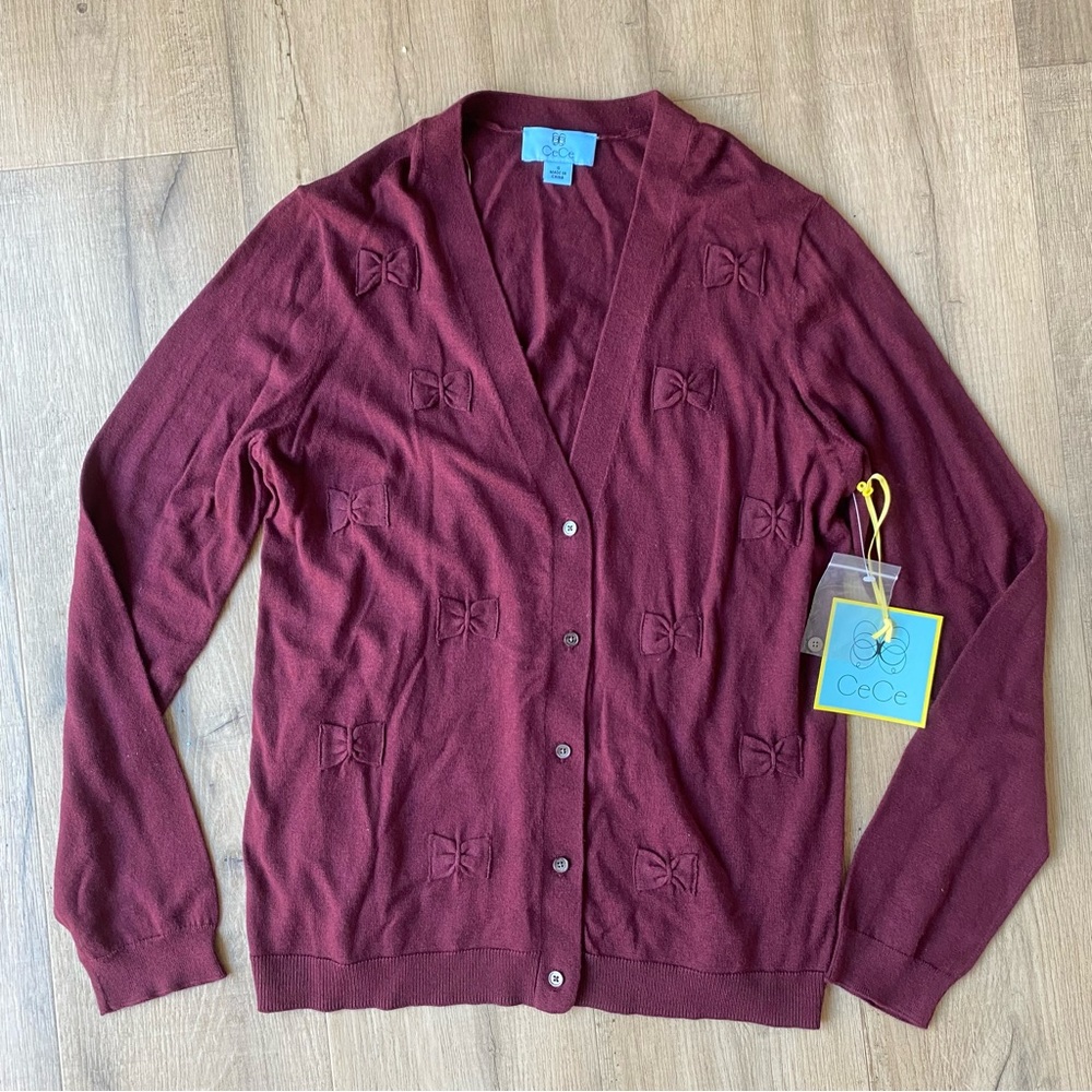 CeCe Women's Burgundy Cardigan Sweater w/ Bows Size S